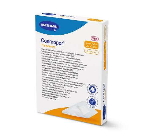 Пов'язкова плівкова прозора з абсорбуючою подушечкою Cosmopor Transparent 5х7,2см 1шт