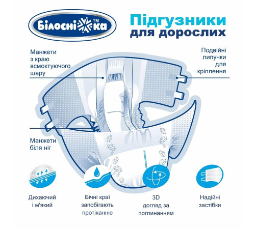 Підгузки для дорослих, розмір M (80-120см) "Білосніжка" 30 шт. в упаковці
